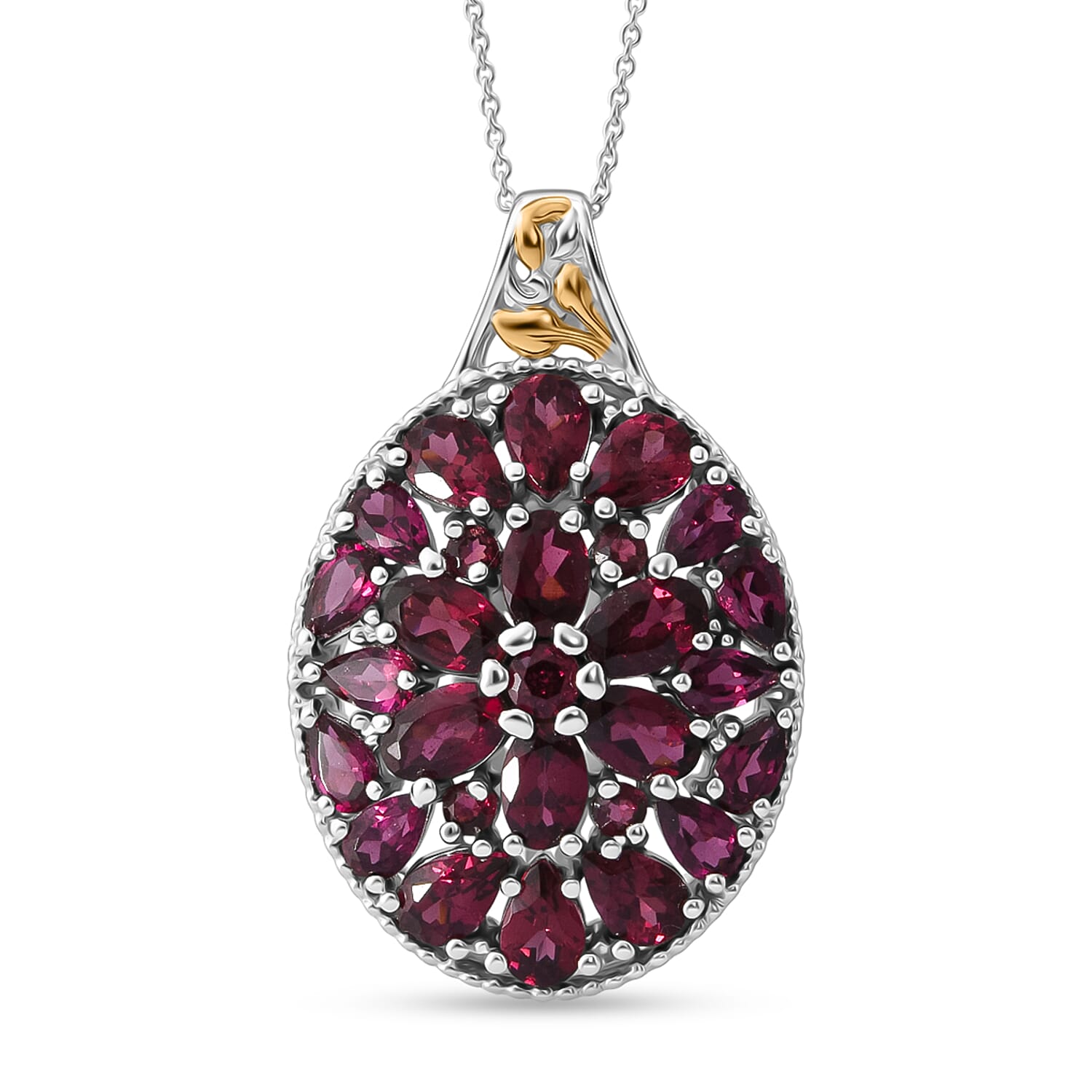 D'Joy Tanzanian Wine Garnet and White Zircon 9.75 ctw Pendant Necklace in 18K Vermeil YG and Rhodium Over Sterling Silver 20 inc