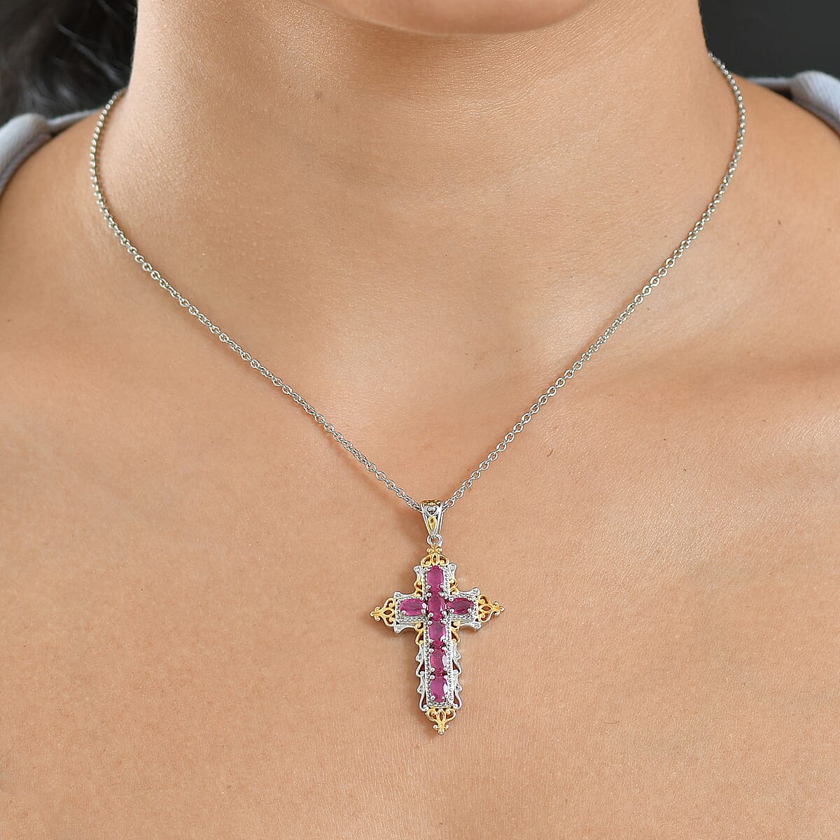 Evertrue Niassa Ruby (FF) 2.70 ctw Pendant in 18K Yellow Gold Plated and Platinum Bond with Stainless Steel Necklace 20 Inches image number 2