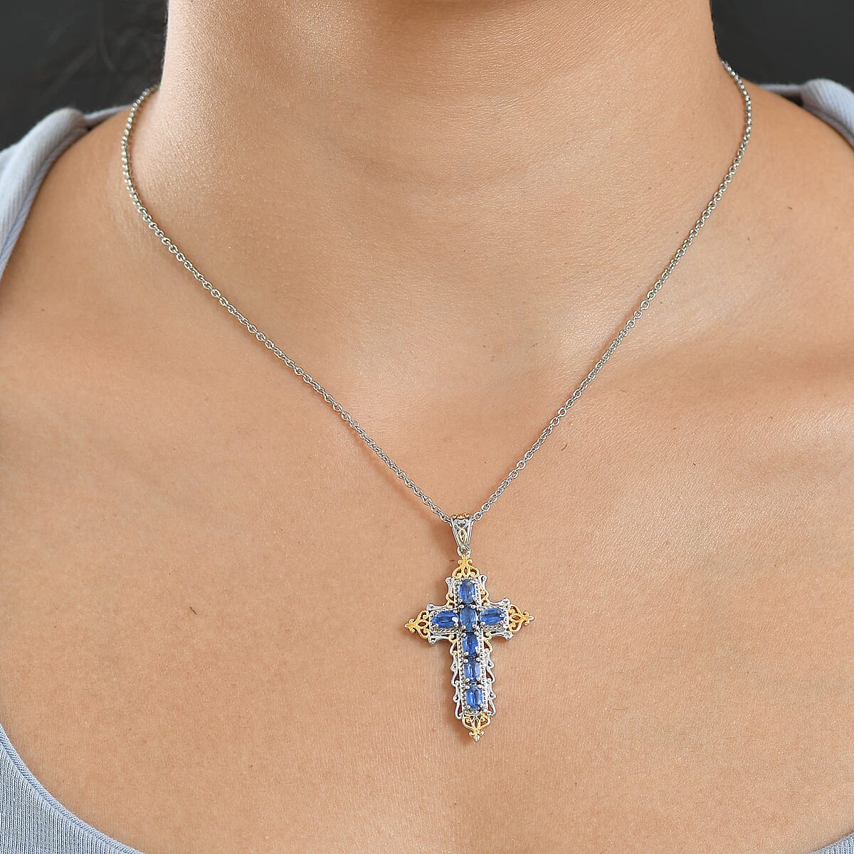 Evertrue Kashmir Kyanite 2.10 ctw Pendant in 18K Yellow Gold Plated and Platinum Bond with Stainless Steel Necklace 20 Inches image number 2