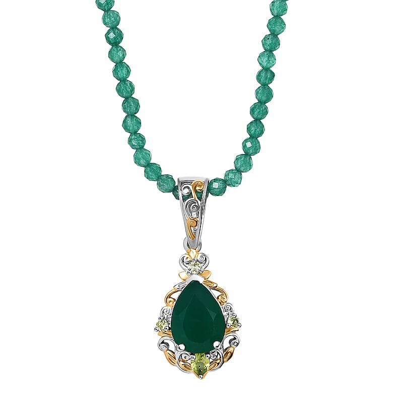 EverTrue Verde Onyx, Hebei Peridot Pendant with Beaded Necklace in 18K YG Plated and Platinum Bond 30.20 ctw (20 Inches)