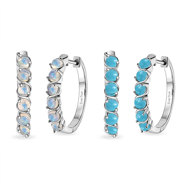 EverTrue Premium Sleeping Beauty Turquoise and Ethiopian Welo Opal 2.30 ctw Set of 2 Hoop Earrings in Platinum Bond