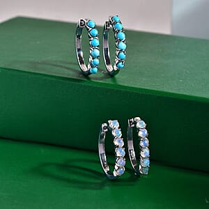 EverTrue Premium Sleeping Beauty Turquoise and Ethiopian Welo Opal 2.30 ctw Set of 2 Hoop Earrings in Platinum Bond