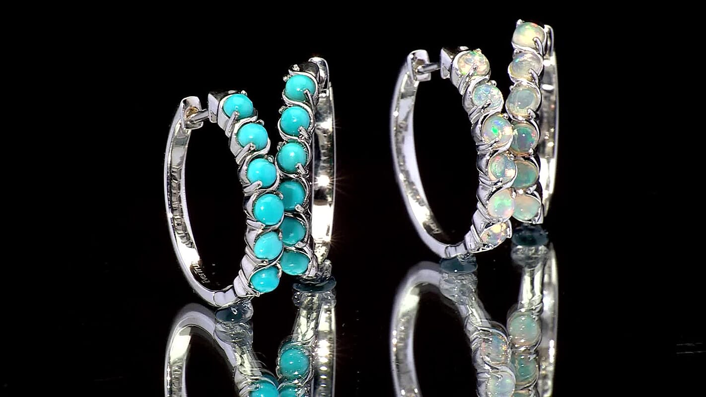 EverTrue Premium Sleeping Beauty Turquoise and Ethiopian Welo Opal 2.30 ctw Set of 2 Hoop Earrings in Platinum Bond