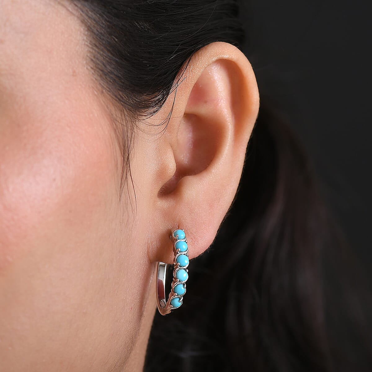 EverTrue Premium Sleeping Beauty Turquoise and Ethiopian Welo Opal 2.30 ctw Set of 2 Hoop Earrings in Platinum Bond image number 2