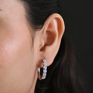 EverTrue Premium Sleeping Beauty Turquoise and Ethiopian Welo Opal 2.30 ctw Set of 2 Hoop Earrings in Platinum Bond