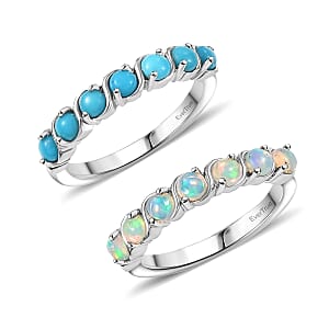 EverTrue Premium Sleeping Beauty Turquoise and Ethiopian Welo Opal 1.30 ctw Set of 2 Ring in Platinum Bond (Size 6.0)