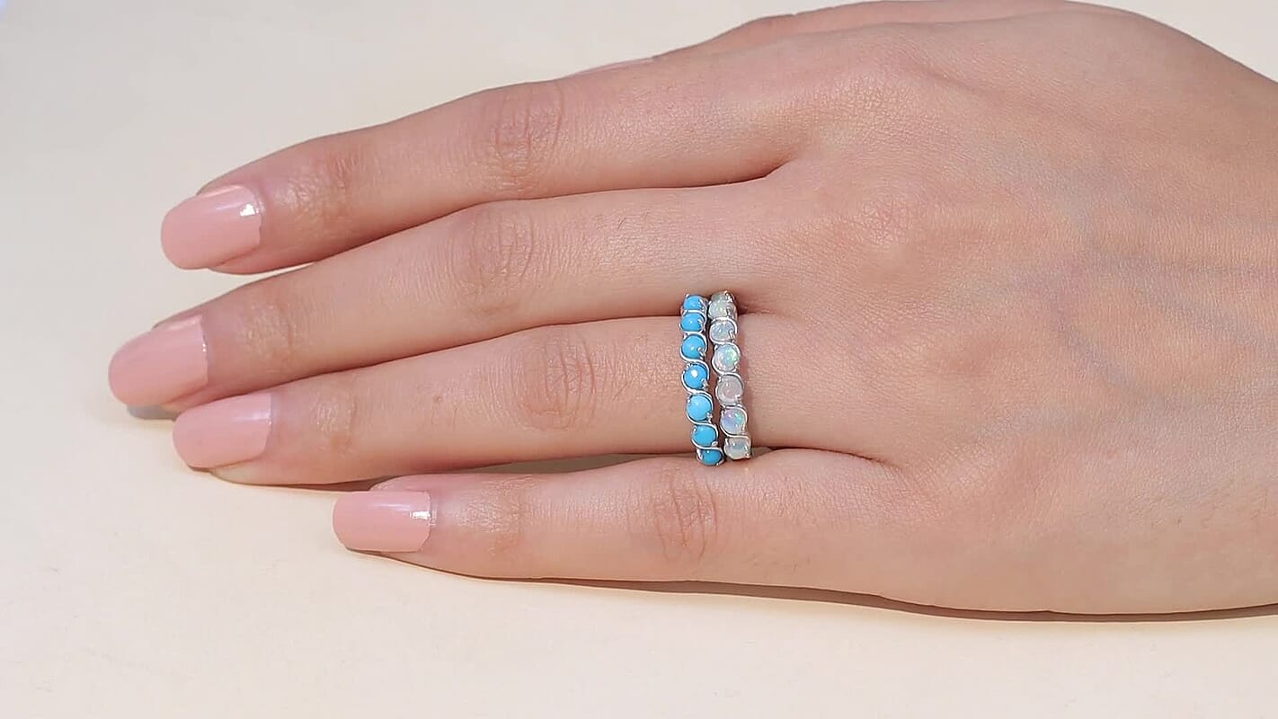 EverTrue Premium Sleeping Beauty Turquoise and Ethiopian Welo Opal Set of 2 Ring in Platinum Bond (Size 5.0) 1.30 ctw