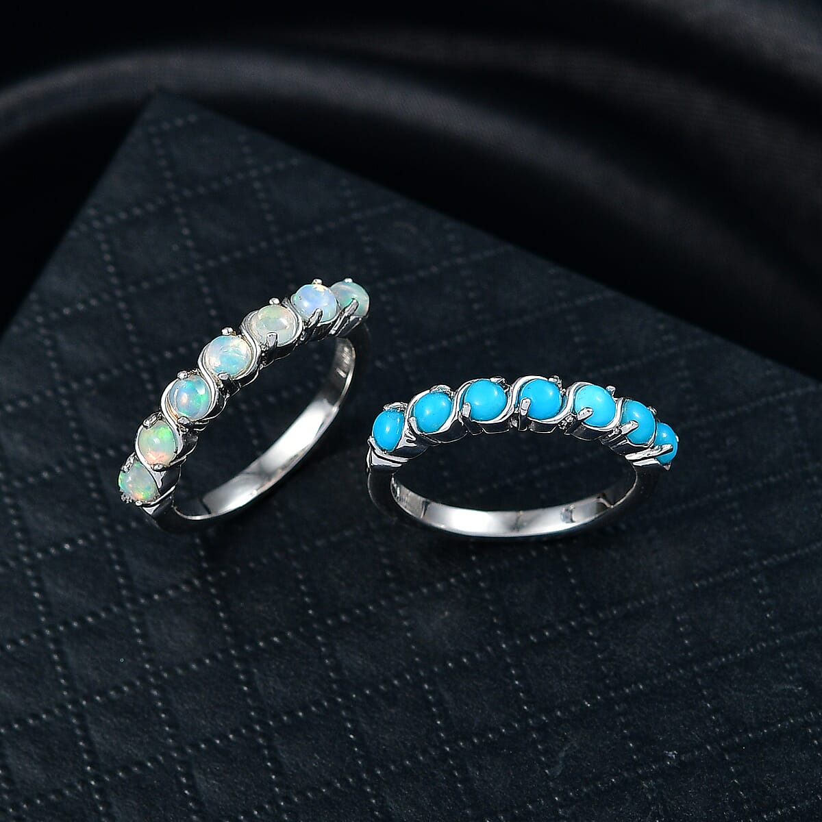 EverTrue Premium Sleeping Beauty Turquoise and Ethiopian Welo Opal 1.30 ctw Set of 2 Ring in Platinum Bond (Size 6.0) image number 1