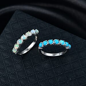 EverTrue Premium Sleeping Beauty Turquoise and Ethiopian Welo Opal 1.30 ctw Set of 2 Ring in Platinum Bond (Size 6.0)