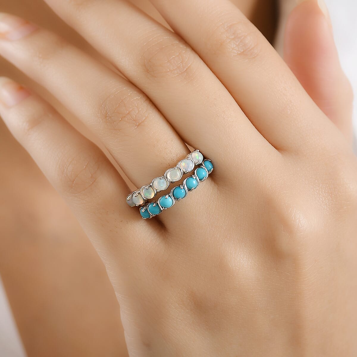 EverTrue Premium Sleeping Beauty Turquoise and Ethiopian Welo Opal 1.30 ctw Set of 2 Ring in Platinum Bond (Size 6.0) image number 2