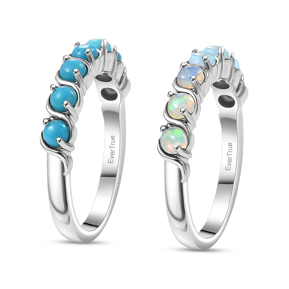 EverTrue Premium Sleeping Beauty Turquoise and Ethiopian Welo Opal 1.30 ctw Set of 2 Ring in Platinum Bond (Size 6.0) image number 3