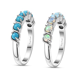 EverTrue Premium Sleeping Beauty Turquoise and Ethiopian Welo Opal 1.30 ctw Set of 2 Ring in Platinum Bond (Size 6.0)