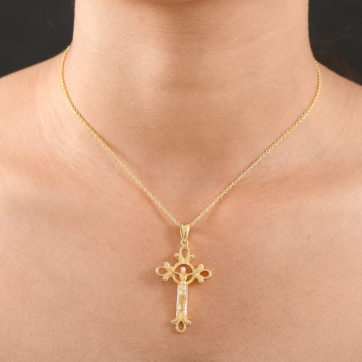 EverTrue Bronzella Collection Faith Line Cross Pendant in 18K YG Plated Bronze with ION Plated YG Stainless Steel Necklace (20 Inches) image number 2