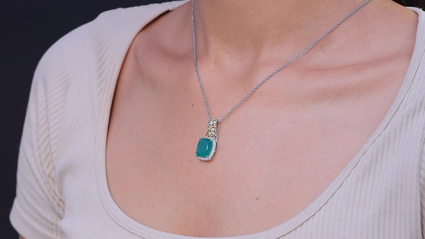 EverTrue Verde Onyx and White Zircon 5.40 ctw Garden Vine Pendant in 18K YG Plated and Platinum Bond with Stainless Steel Necklace 20 Inches