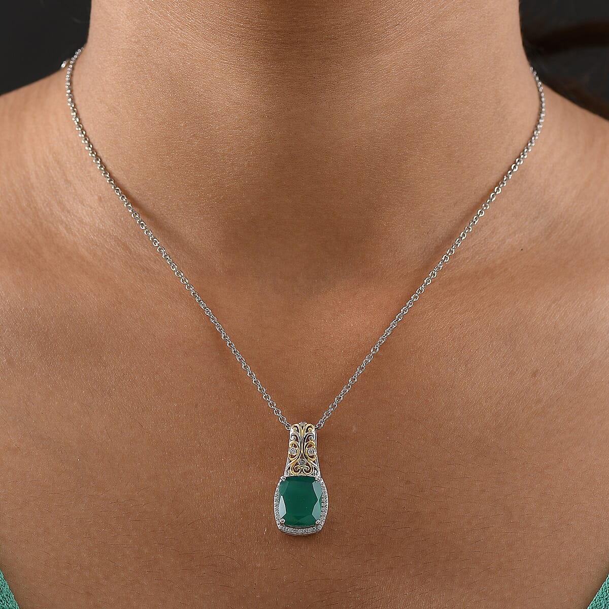 EverTrue Verde Onyx and White Zircon 5.40 ctw Garden Vine Pendant in 18K YG Plated and Platinum Bond with Stainless Steel Necklace 20 Inches image number 2