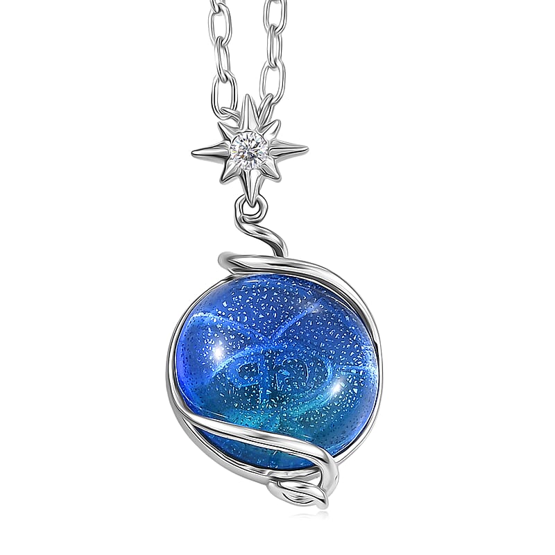 GP Celestial Dream Special Murano Style, White Zircon Pendant Necklace in Rhodium Over Sterling Silver 0.10 ctw (20 Inches)