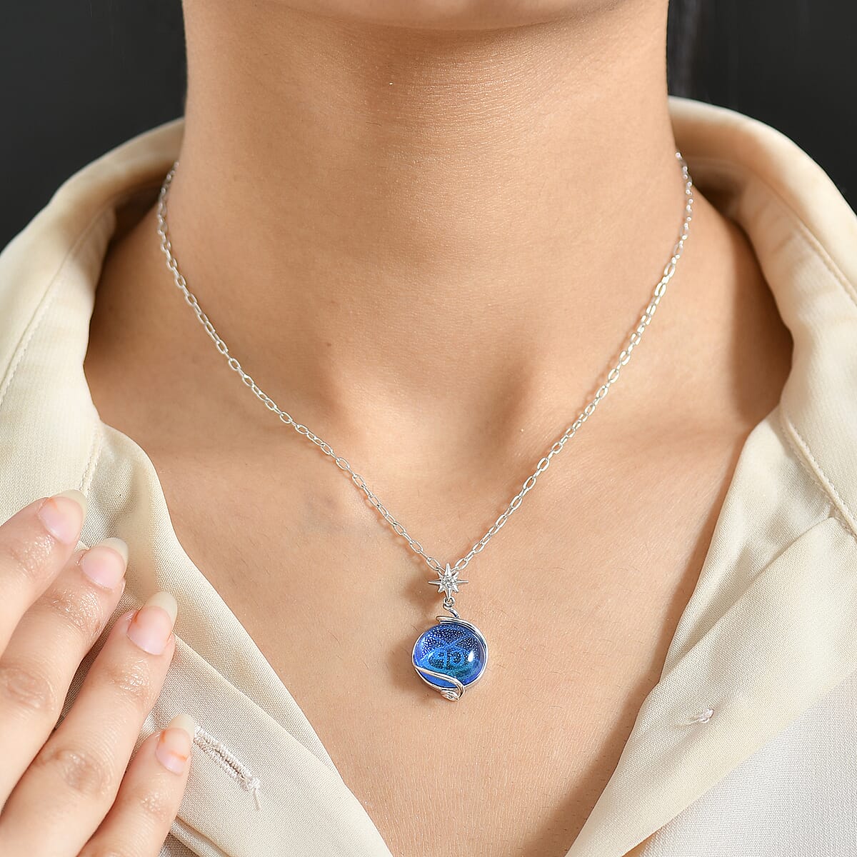 GP Celestial Dream Special Murano Style and White Zircon 0.10 ctw Pendant Necklace in Rhodium Over Sterling Silver 20 Inches (Del. in 12-15 Days)  image number 3