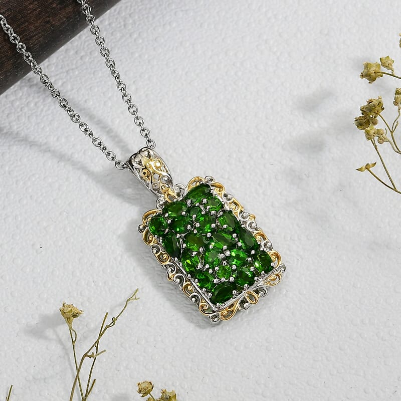 EverTrue Chrome Diopside 3.65 ctw Victorian Filigree Pendant in 18K YG Plated and Platinum Bond with Stainless Steel Necklace (20 Inches)