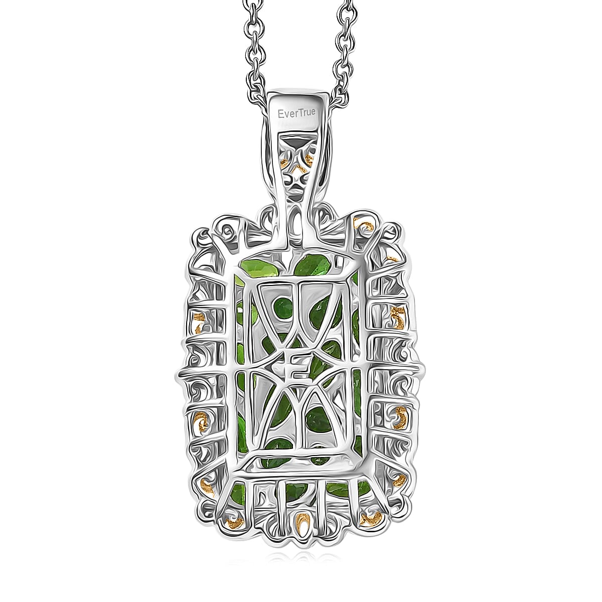 EverTrue Chrome Diopside 3.65 ctw Victorian Filigree Pendant in 18K YG Plated and Platinum Bond with Stainless Steel Necklace (20 Inches)
