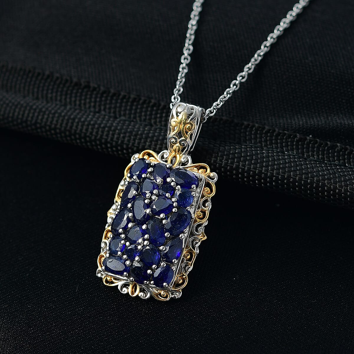 EverTrue Masoala&nbsp;Sapphire&nbsp;(D) 5.85 ctw Victorian Filigree Pendant in 18K YG Plated and Platinum Bond with Stainless Steel Necklace (20 Inches) image number 1