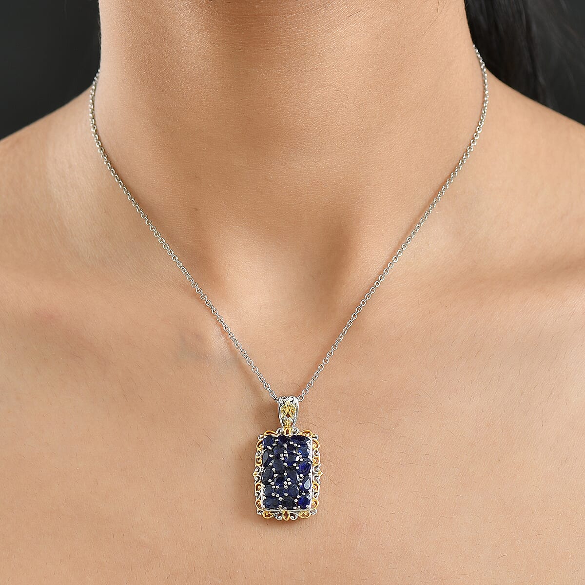 EverTrue Masoala&nbsp;Sapphire&nbsp;(D) 5.85 ctw Victorian Filigree Pendant in 18K YG Plated and Platinum Bond with Stainless Steel Necklace (20 Inches) image number 2