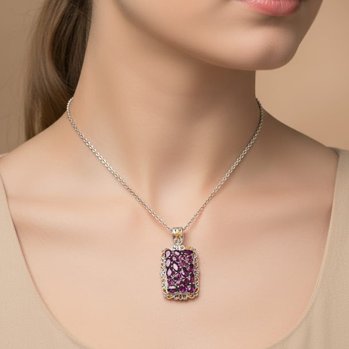 EverTrue Orissa Rhodolite Garnet 5.30 ctw Victorian Filigree Pendant in 18K YG Plated and Platinum Bond with Stainless Steel Necklace (20 Inches) image number 2