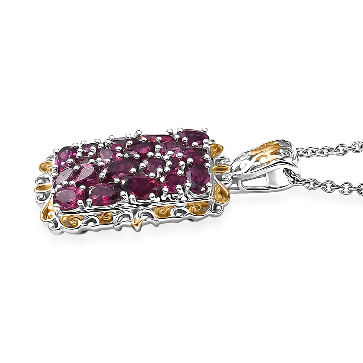 EverTrue Orissa Rhodolite Garnet 5.30 ctw Victorian Filigree Pendant in 18K YG Plated and Platinum Bond with Stainless Steel Necklace (20 Inches) image number 3