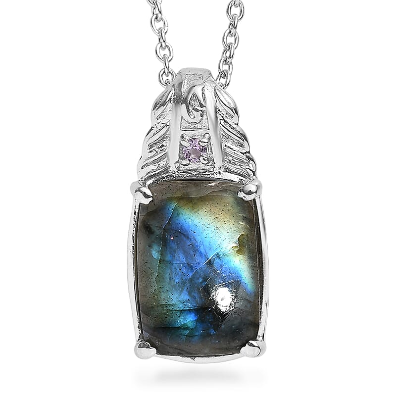EverTrue Malagasy Labradorite and African Amethyst 7.15 ctw Pendant Necklace in Stainless Steel 20 Inches
