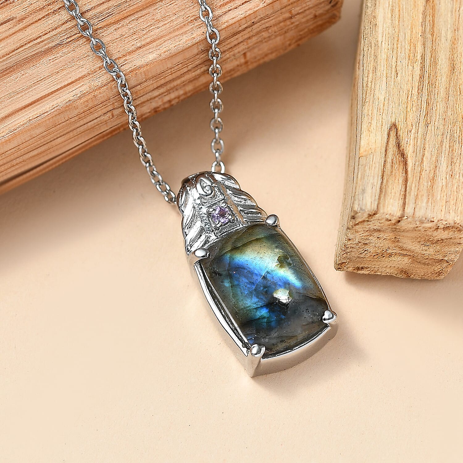 EverTrue Malagasy Labradorite and African Amethyst 7.15 ctw Pendant Necklace in Stainless Steel 20 Inches