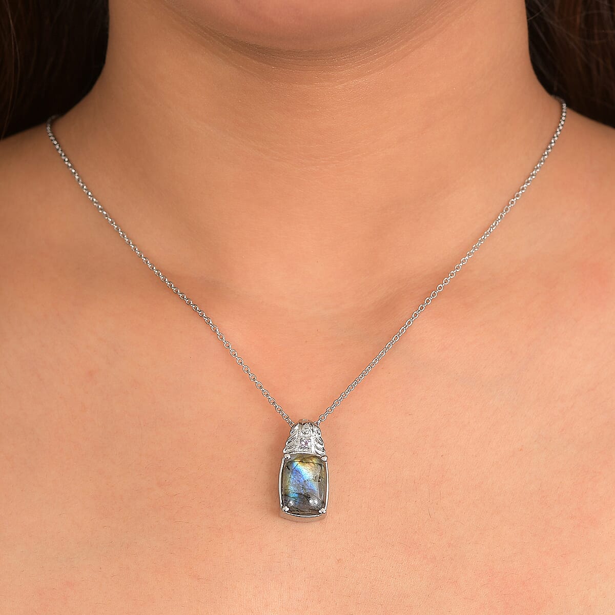 EverTrue Malagasy Labradorite and African Amethyst 7.15 ctw Pendant Necklace in Stainless Steel 20 Inches  image number 2