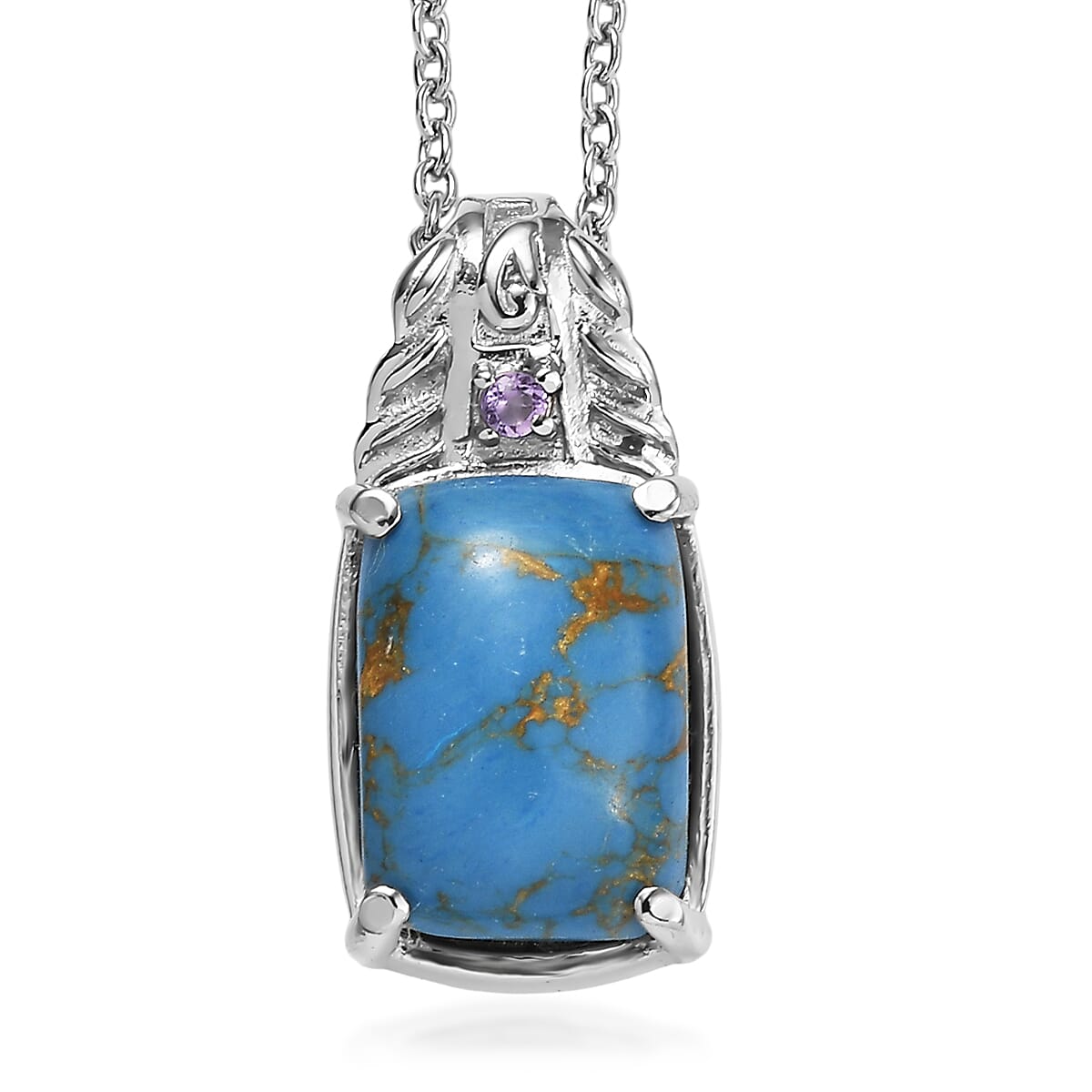 EverTrue Mojave Blue Turquoise and African Amethyst 6.00 ctw Pendant Necklace in Stainless Steel 20 Inches