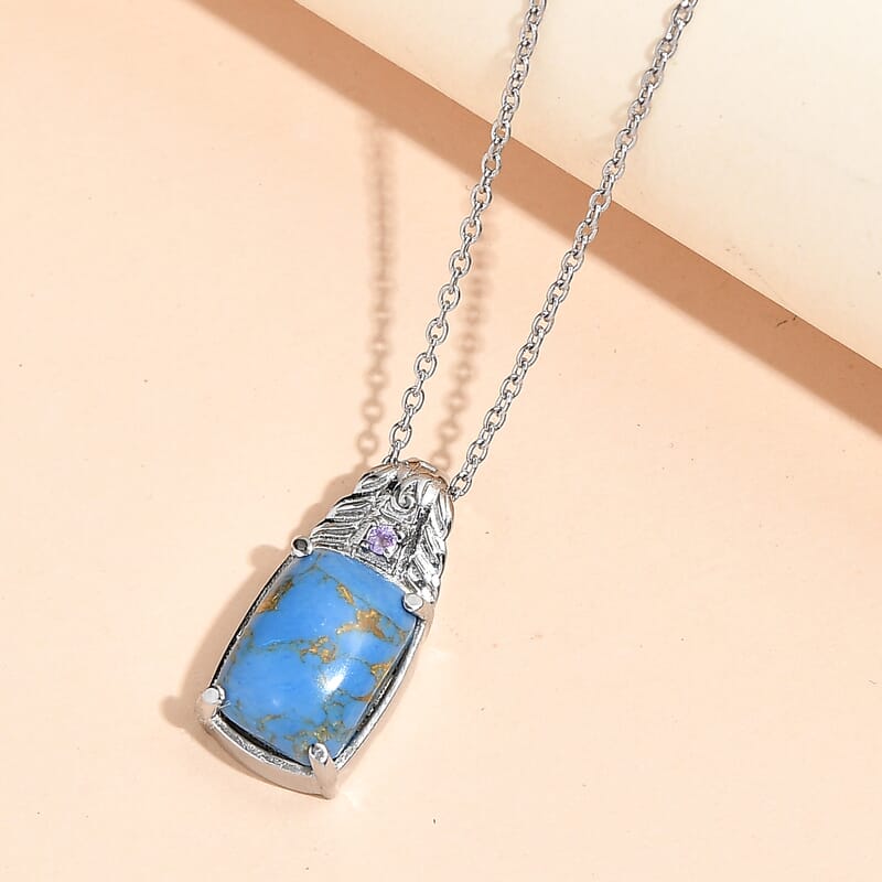 EverTrue Mojave Blue Turquoise and African Amethyst 6.00 ctw Pendant Necklace in Stainless Steel 20 Inches