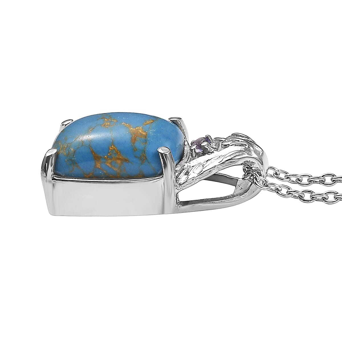 EverTrue Mojave Blue Turquoise and African Amethyst 6.00 ctw Pendant Necklace in Stainless Steel 20 Inches