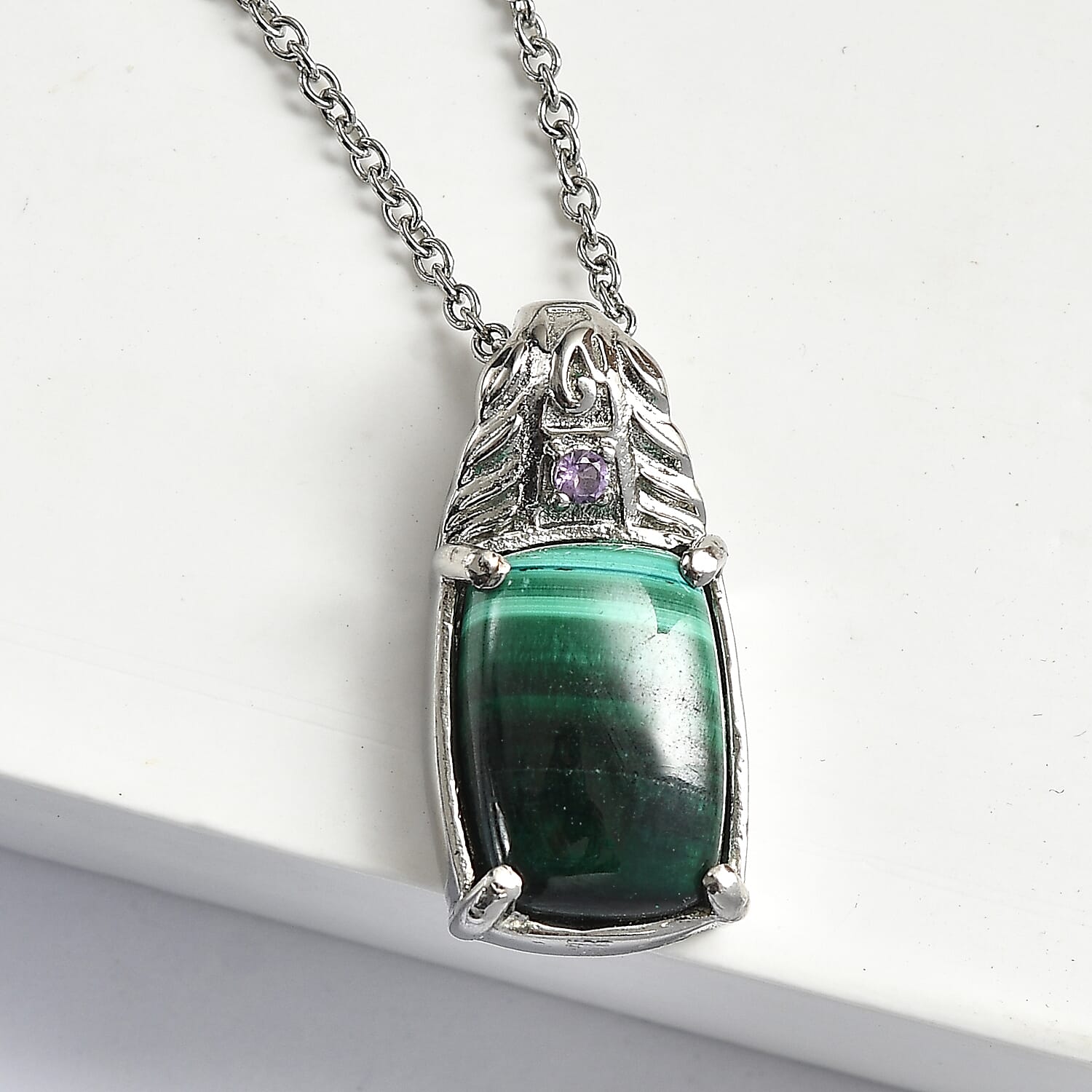 EverTrue African Malachite and African Amethyst 9.40 ctw Pendant Necklace in Stainless Steel 20 Inches 