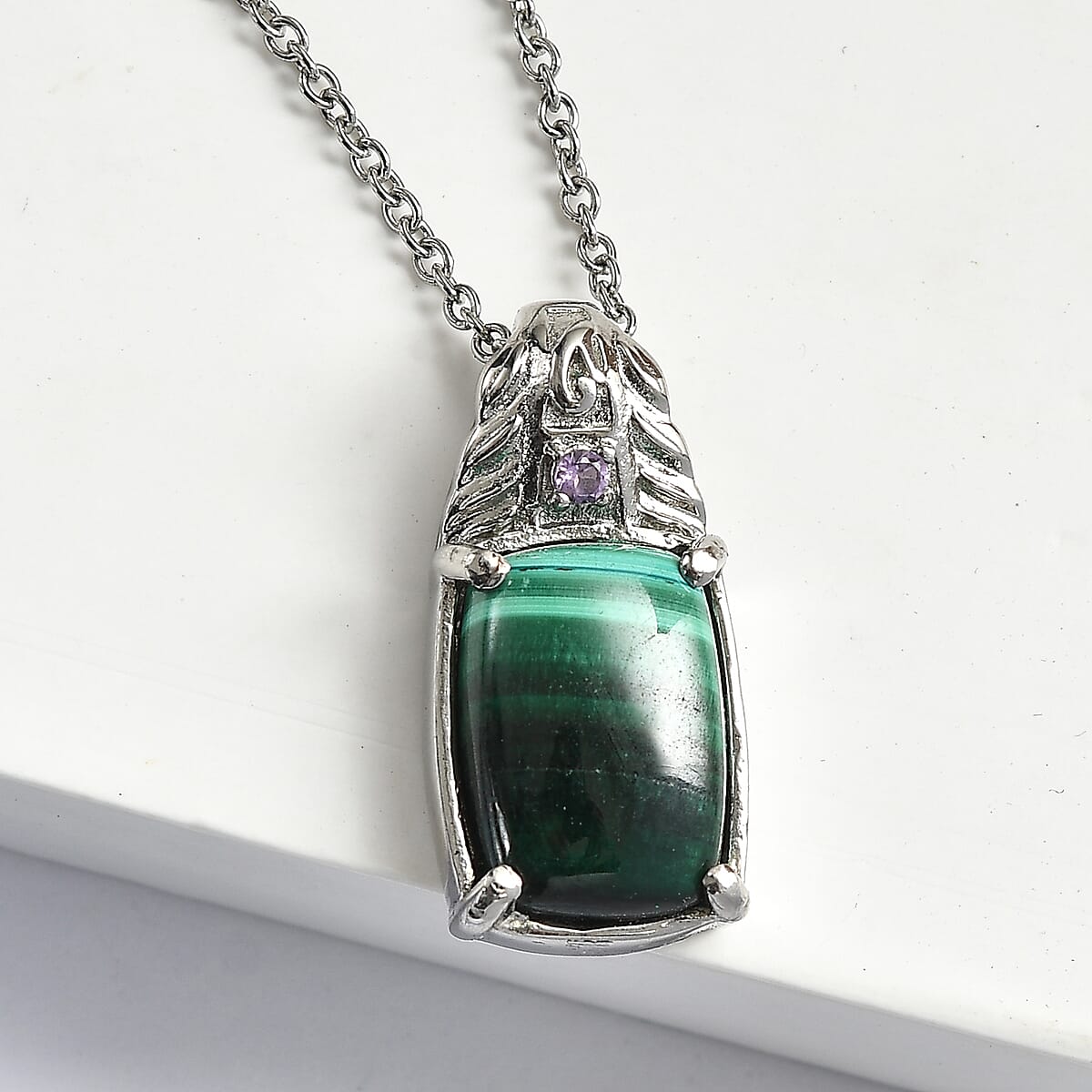EverTrue African Malachite and African Amethyst 9.40 ctw Pendant Necklace in Stainless Steel 20 Inches  image number 1