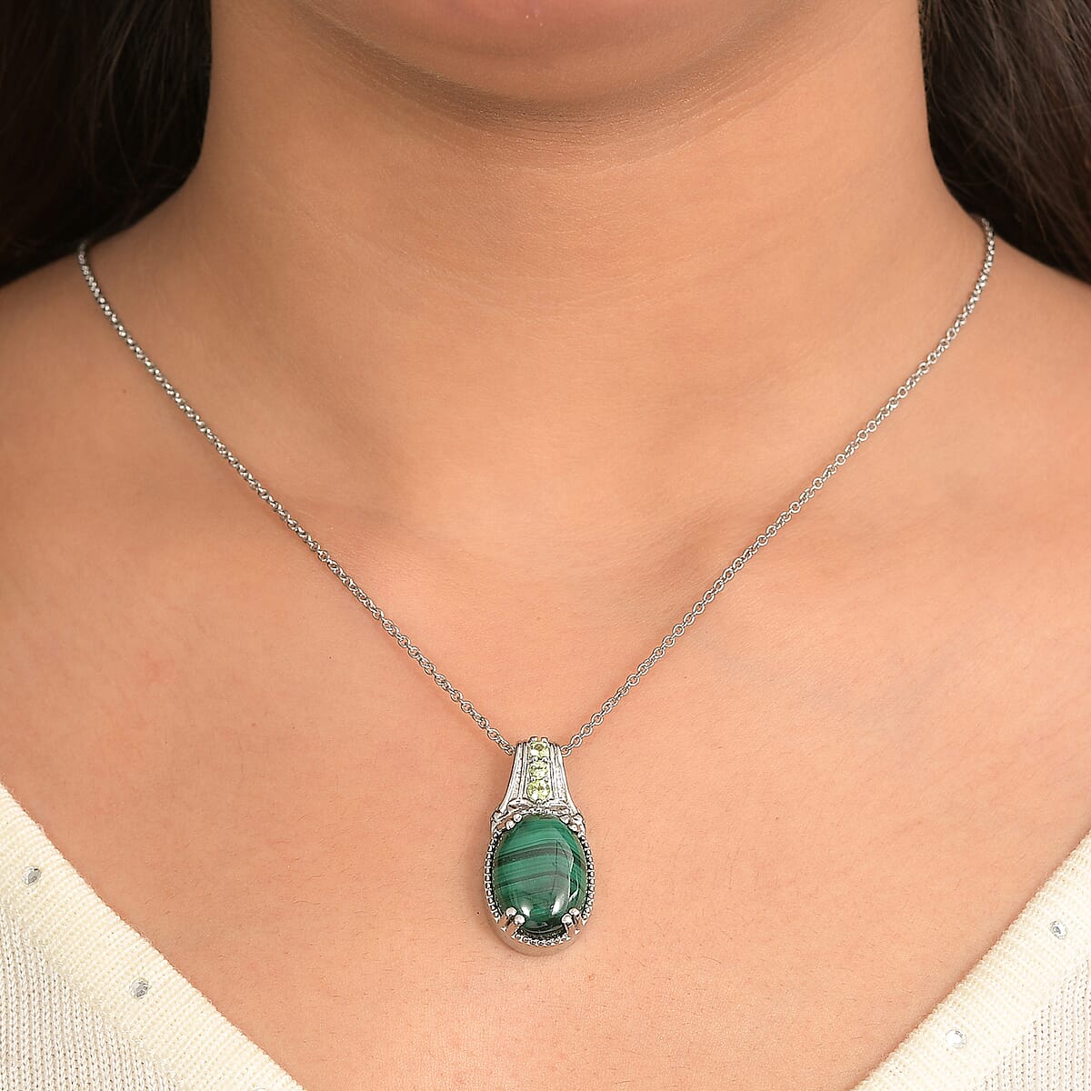 EverTrue African Malachite and African Amethyst 9.40 ctw Pendant Necklace in Stainless Steel 20 Inches  image number 2