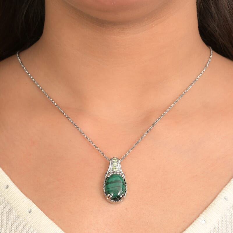 EverTrue African Malachite and African Amethyst 9.40 ctw Pendant Necklace in Stainless Steel 20 Inches