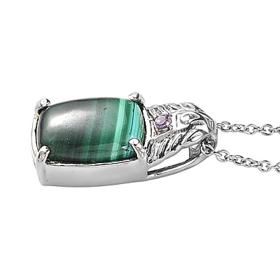 EverTrue African Malachite and African Amethyst 9.40 ctw Pendant Necklace in Stainless Steel 20 Inches