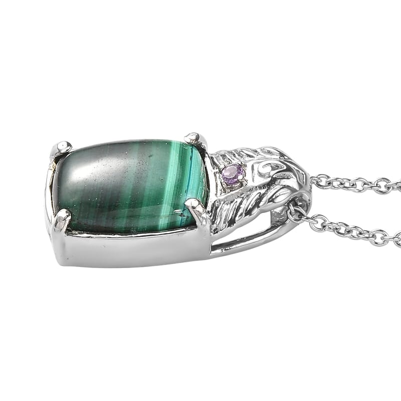 EverTrue African Malachite and African Amethyst 9.40 ctw Pendant Necklace in Stainless Steel 20 Inches