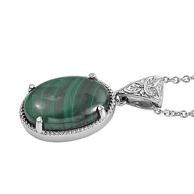 EverTrue African Malachite 14.60 ctw Pendant Necklace in Stainless Steel 20 Inches