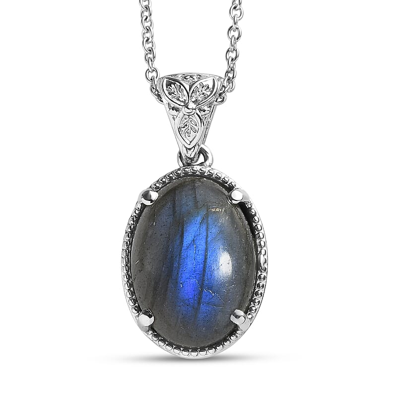 EverTrue Malagasy Labradorite 11.90 ctw Pendant Necklace in Stainless Steel 20 Inches