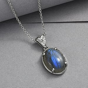 EverTrue Malagasy Labradorite 11.90 ctw Pendant Necklace in Stainless Steel 20 Inches 