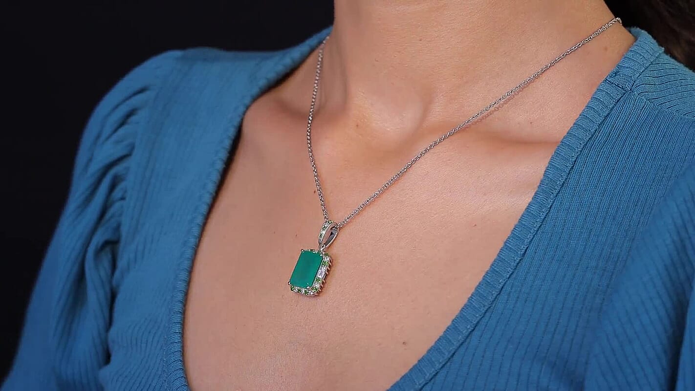 EverTrue Verde Onyx and Multi Gemstone 7.90 ctw Garden Mosaic Pendant in Platinum Bond with Stainless Steel Necklace 20 Inches