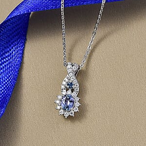 D'Joy Peacock Tanzanite and Multi Gemsotne 0.65 ctw Sunburst Pendant Necklace in Rhodium Over Sterling Silver 20 Inches