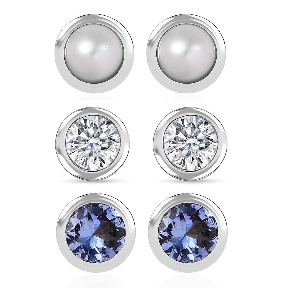 Set of 3 Poke Free Tanzanite, Freshwater Pearl, Luxuriant Lab Grown Diamond Stud Earrings in Rhodium Over Sterling Silver 1.00 ctw image number 0