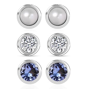 Set of 3 Poke Free Tanzanite, Freshwater Pearl, Luxuriant Lab Grown Diamond Stud Earrings in Rhodium Over Sterling Silver 1.00 ctw