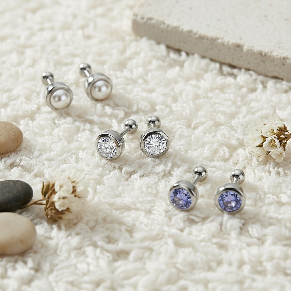 Set of 3 Poke Free Tanzanite, Freshwater Pearl, Luxuriant Lab Grown Diamond Stud Earrings in Rhodium Over Sterling Silver 1.00 ctw image number 1