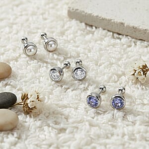 Set of 3 Poke Free Tanzanite, Freshwater Pearl, Luxuriant Lab Grown Diamond Stud Earrings in Rhodium Over Sterling Silver 1.00 ctw