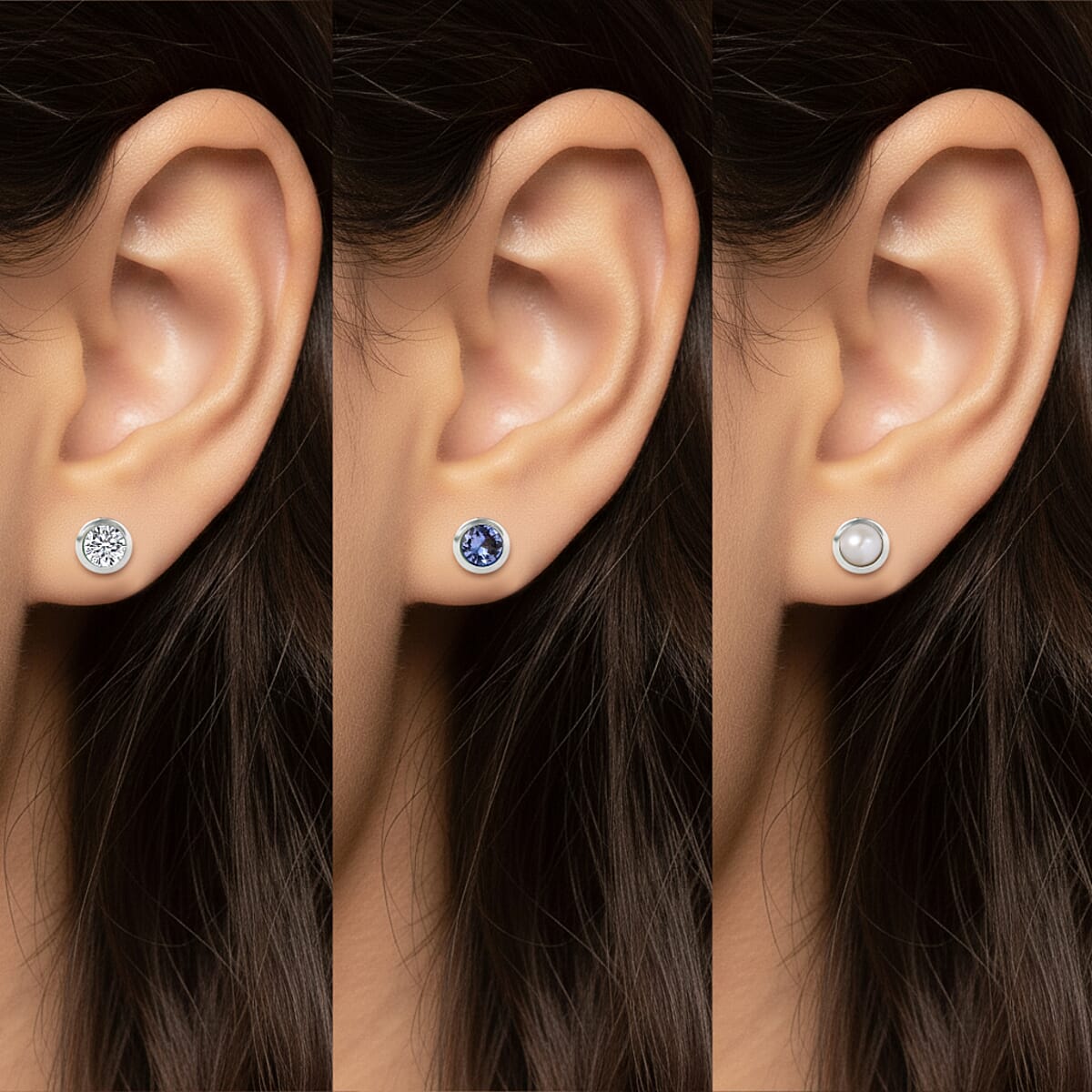 Set of 3 Poke Free Tanzanite, Freshwater Pearl, Luxuriant Lab Grown Diamond Stud Earrings in Rhodium Over Sterling Silver 1.00 ctw image number 2