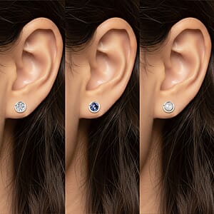 Set of 3 Poke Free Tanzanite, Freshwater Pearl, Luxuriant Lab Grown Diamond Stud Earrings in Rhodium Over Sterling Silver 1.00 ctw